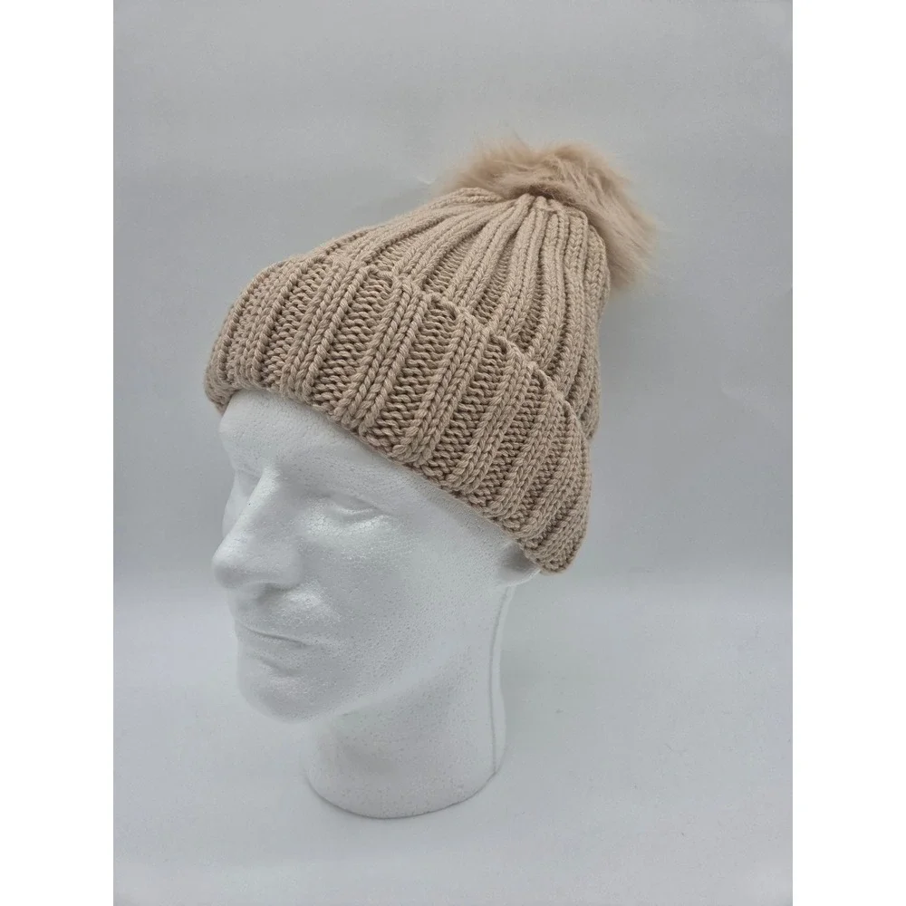 Time and Tru Beanie OS Tan Womens Ribbed Faux Fur Pom Pom Recycled Knit Hat